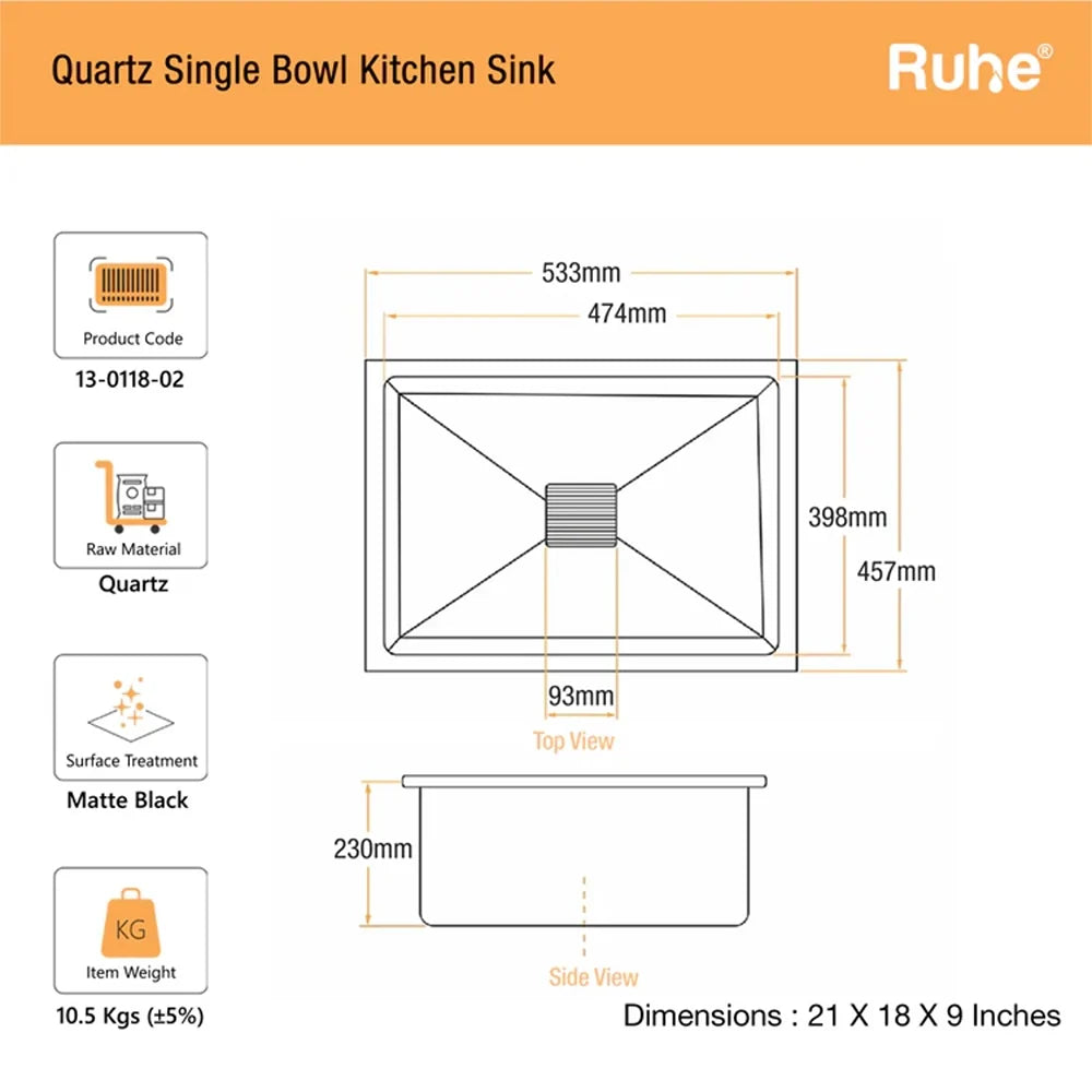 Quartz Single Bowl Black Kitchen Sink (21 x 18 x 9 Inches)