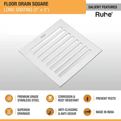 Long Grating Floor Drain (3 x 3 Inches) (Pack of 4) features