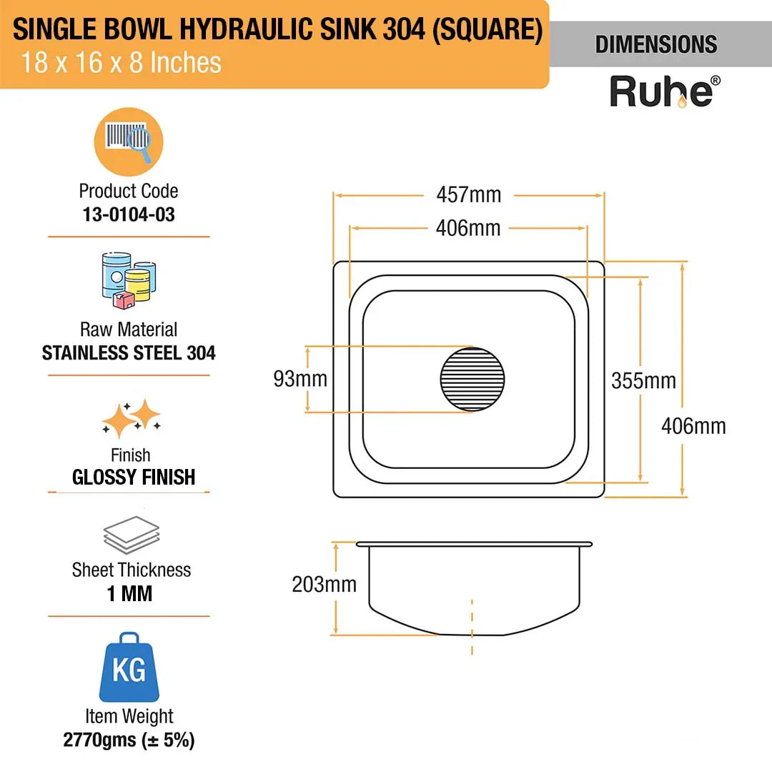 Single Bowl Kitchen Sink (18 x 16 x 8 Inches)(Dimension)