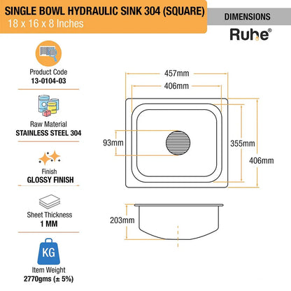 Single Bowl Kitchen Sink (18 x 16 x 8 Inches)(Dimension)
