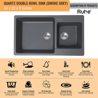 Quartz Double Bowl Kitchen Sink (34 x 20 x 9 inches)