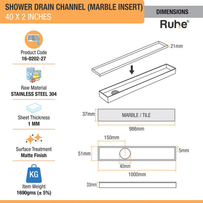 Marble-Insert Shower Drain Channel (2 Inches)