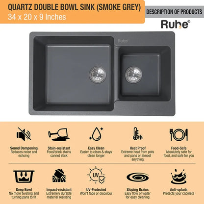 Quartz Double Bowl Kitchen Sink (34 x 20 x 9 inches)