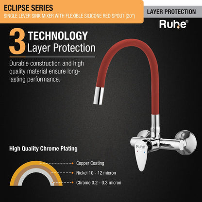Eclipse Single Lever Wall-mount Kitchen Sink Mixer Tap with Red Silicone Spout - by Ruhe