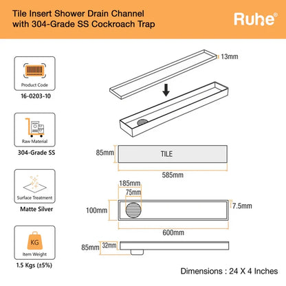 Tile-Insert Shower Drain Channel (4 Inches)