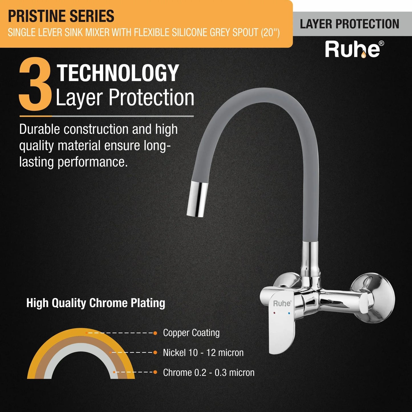 Pristine Single Lever Wall-mount Kitchen Sink Mixer Tap with Coloured Silicone Spout