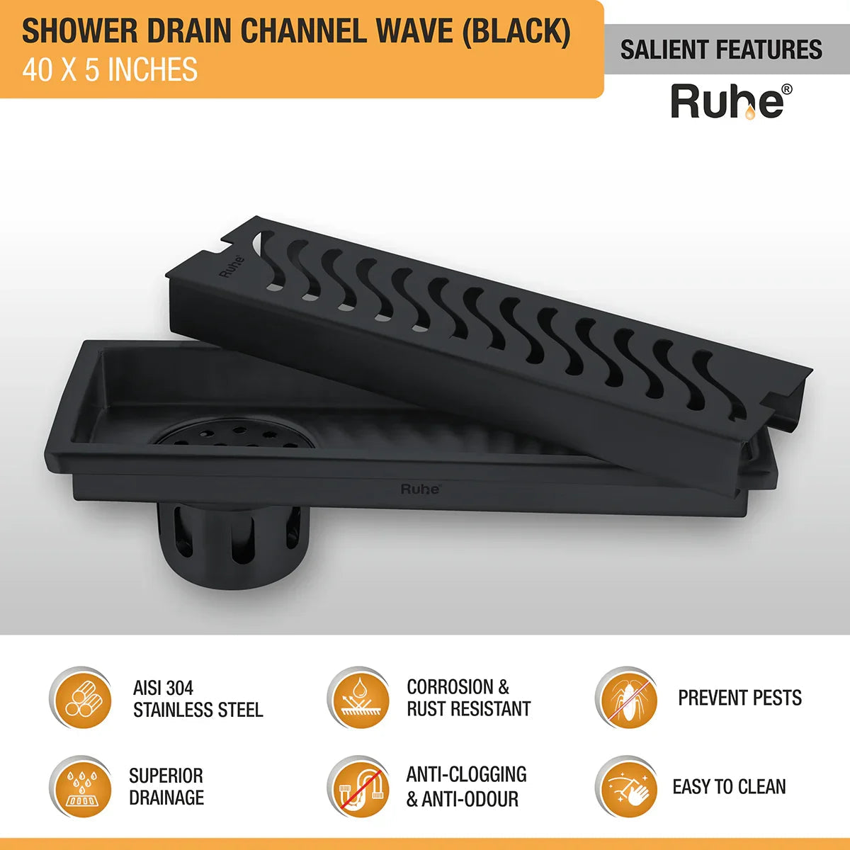 Wave Shower Drain Channel (40 x 5 Inches) Black PVD Coated features and benefits