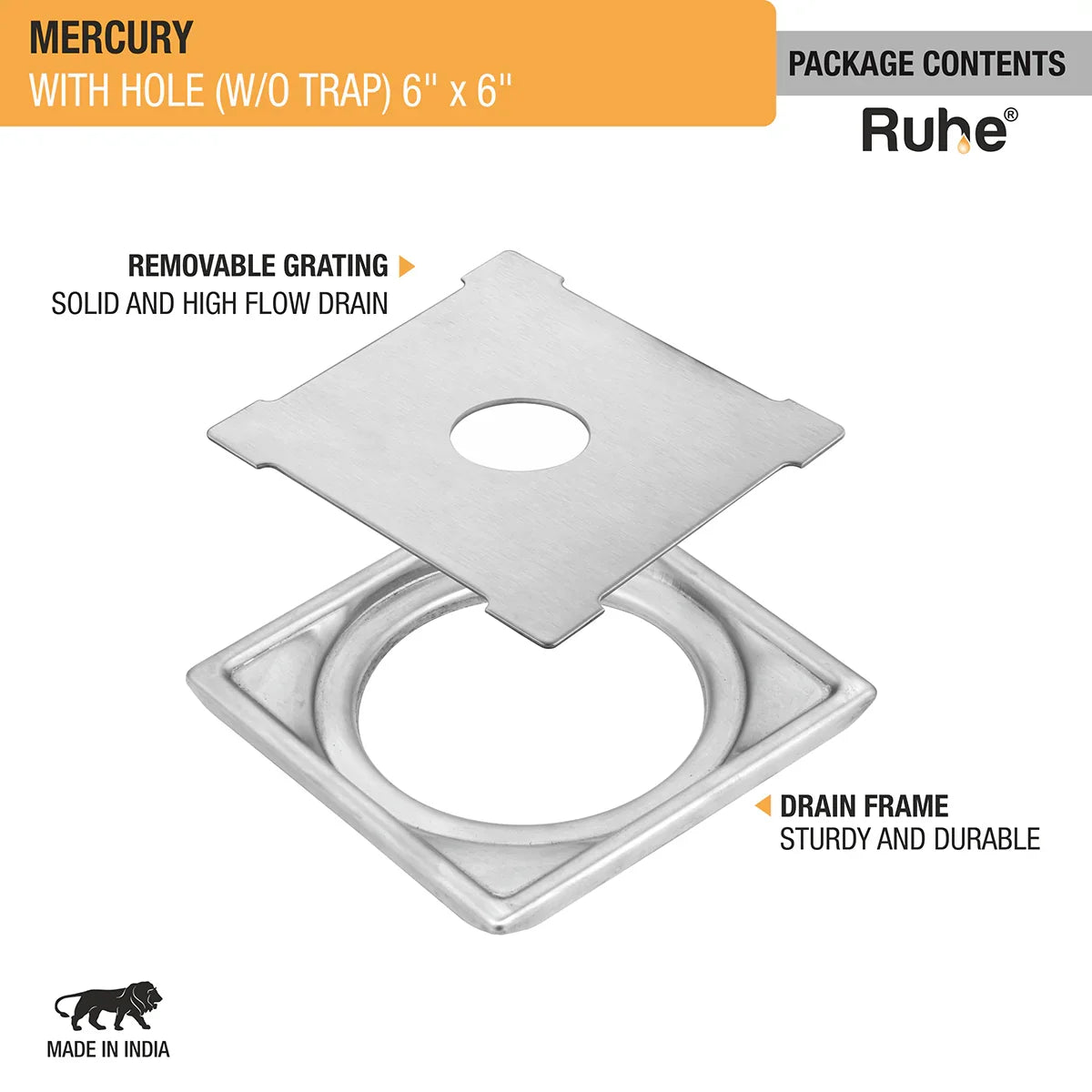 Mercury Square Premium Floor Drain (6 x 6 Inches) with Hole - by Ruhe