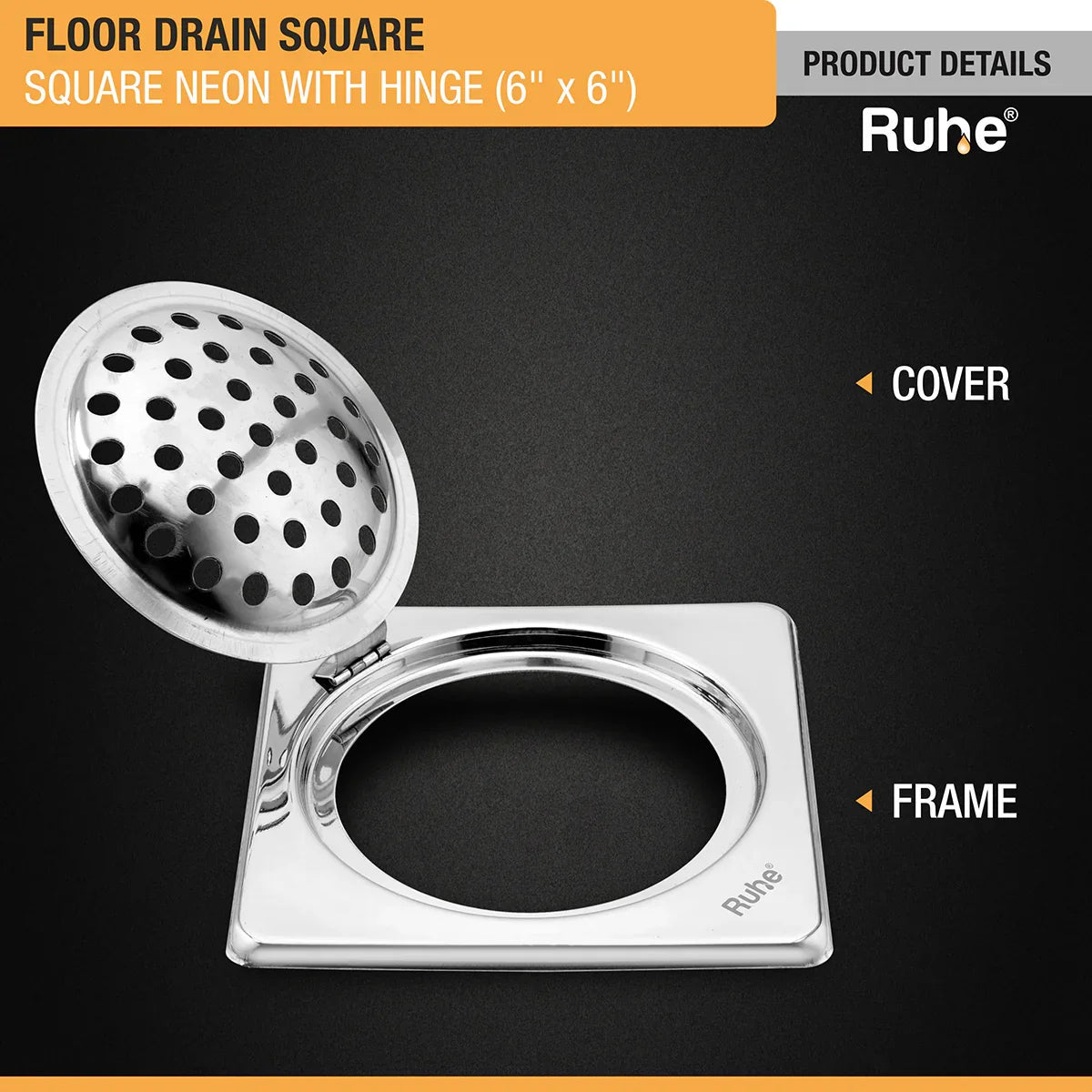 Square Neon Floor Drain (6 x 6 inches) with Hinged Grating Top product details