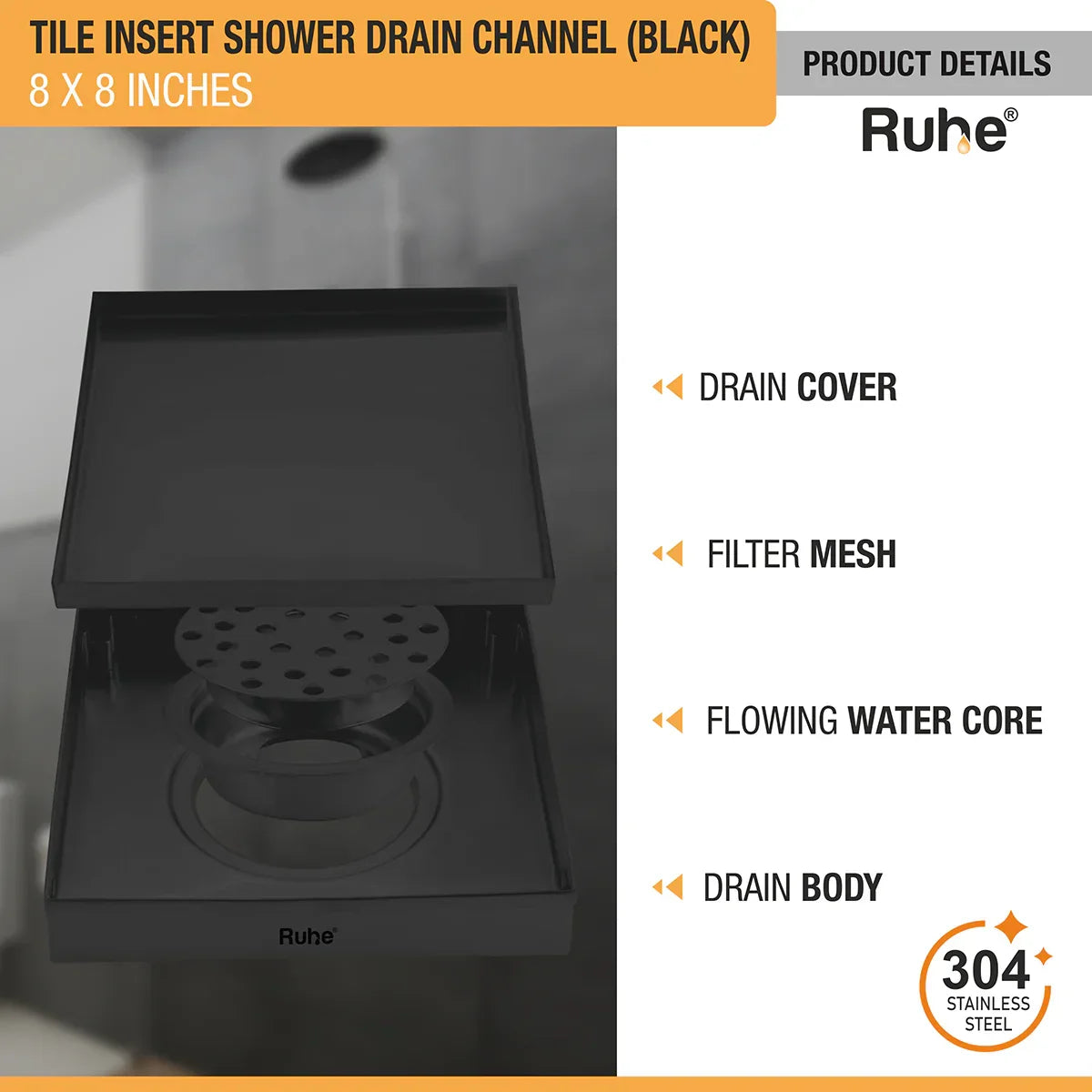 Tile-Insert Shower Drain Channel (8 x 8 Inches)