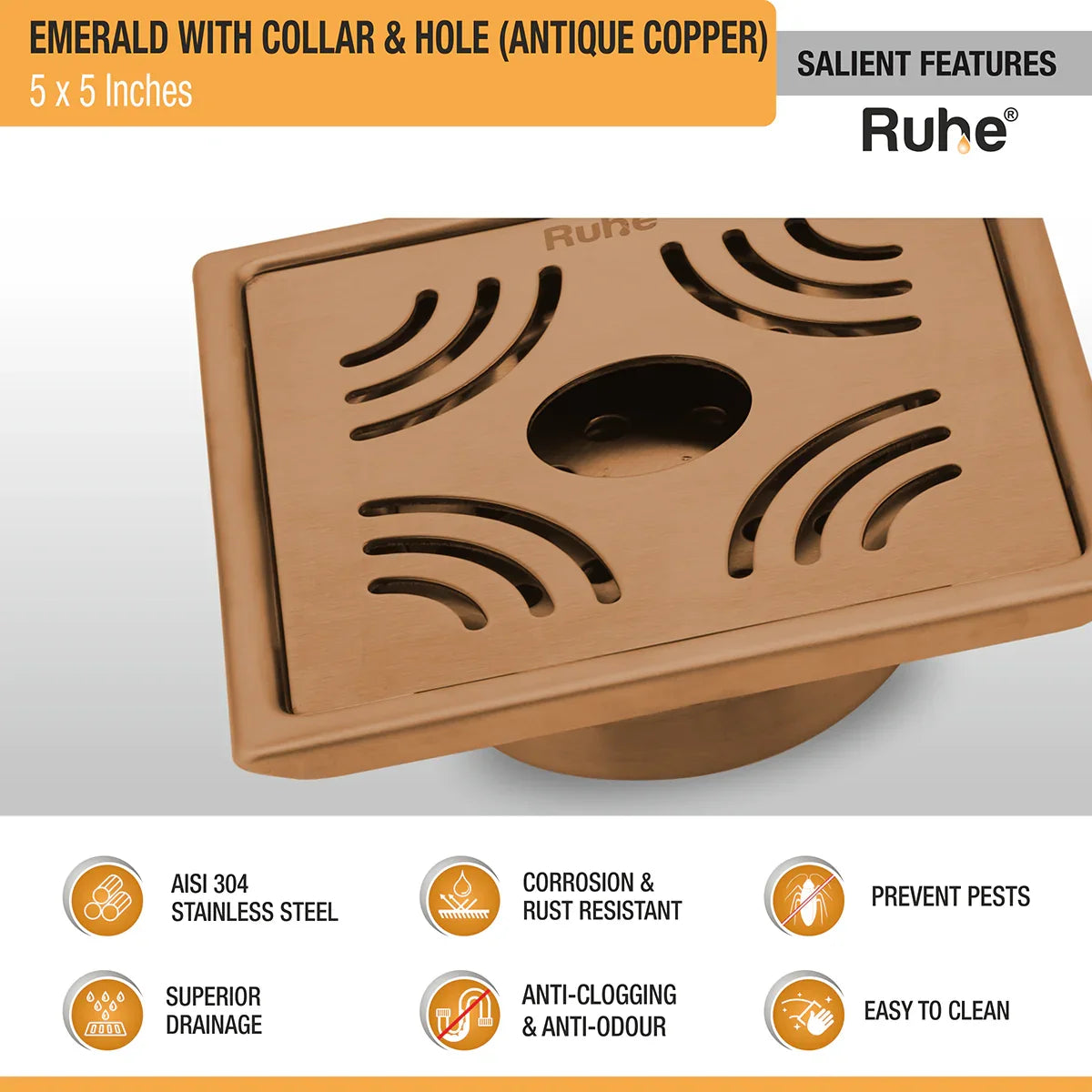 Emerald Square Flat Cut Floor Drain in Antique Copper PVD Coating (5 x 5 Inches) with Hole - by Ruhe