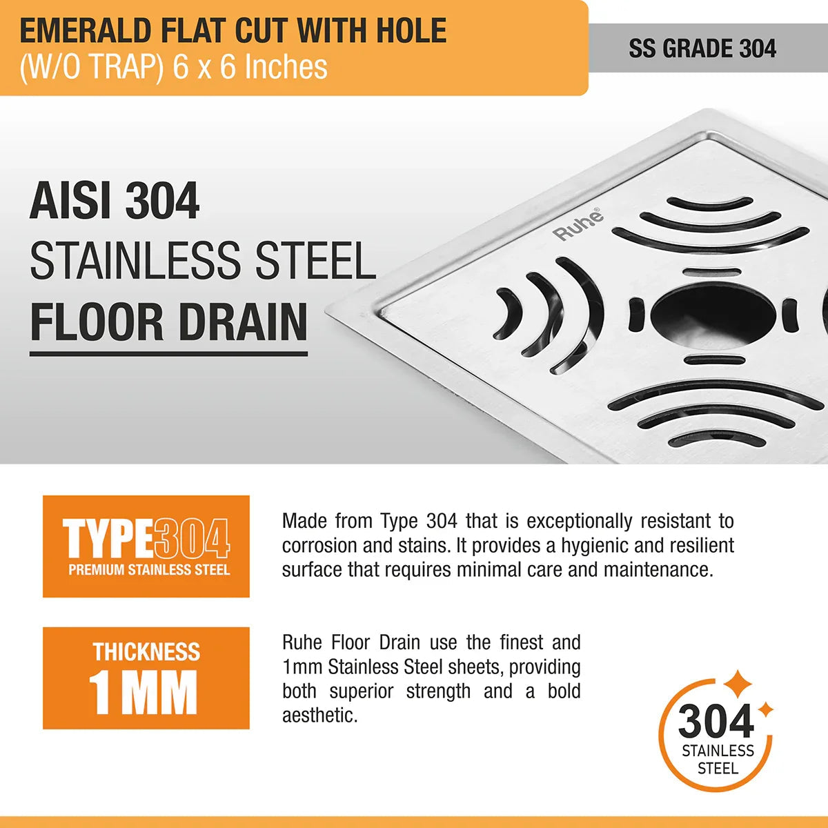 Emerald Square Flat Cut 304-Grade Floor Drain with Hole (6 x 6 Inches) stainless steel