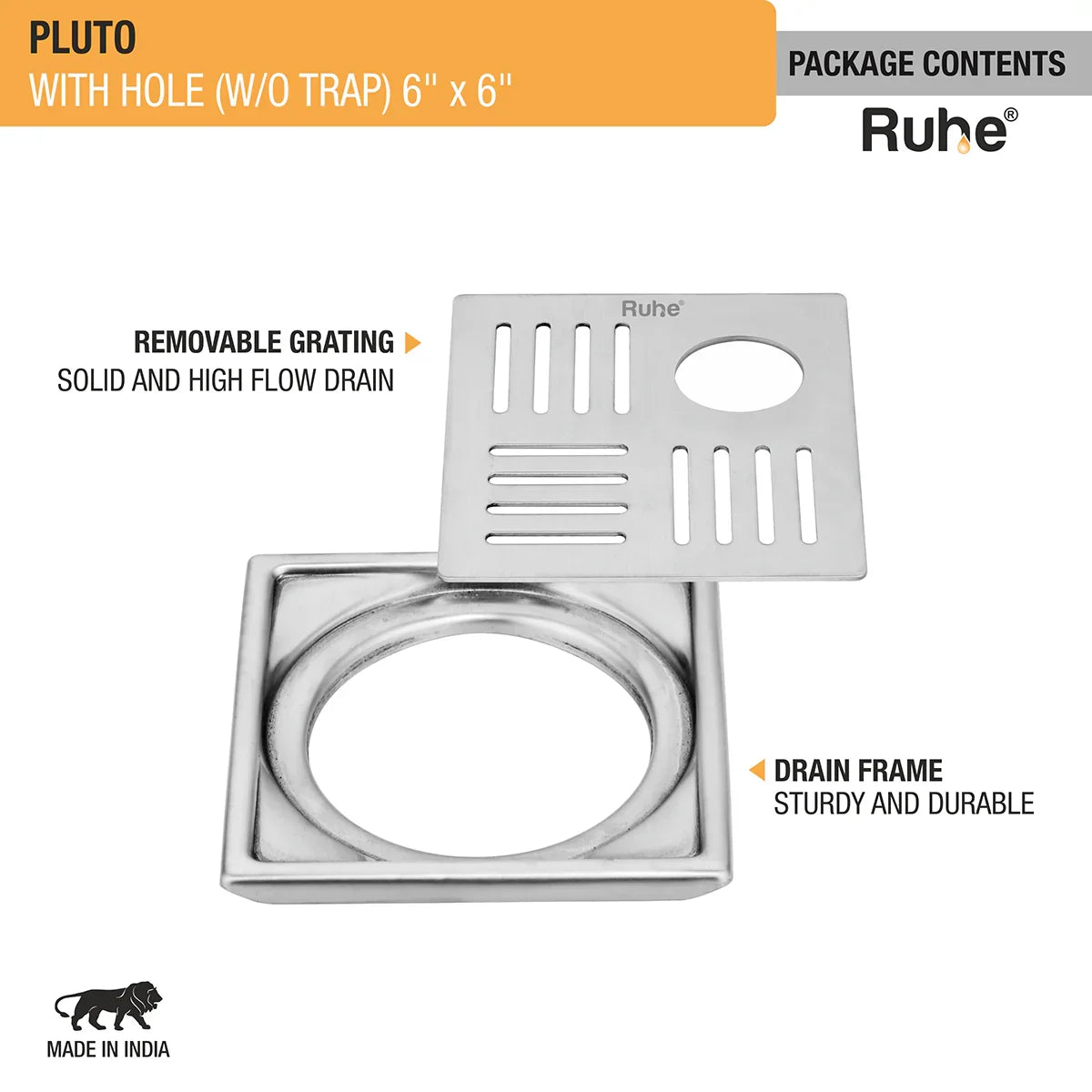 Pluto Square Premium Floor Drain (6 x 6 Inches) with Hole - by Ruhe