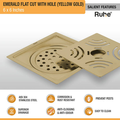 Emerald Square Flat Cut Floor Drain in Yellow Gold PVD Coating (6 x 6 Inches) with Hole features