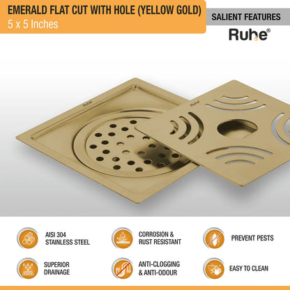 Emerald Square Flat Cut Floor Drain in Yellow Gold PVD Coating (5 x 5 Inches) with Hole features