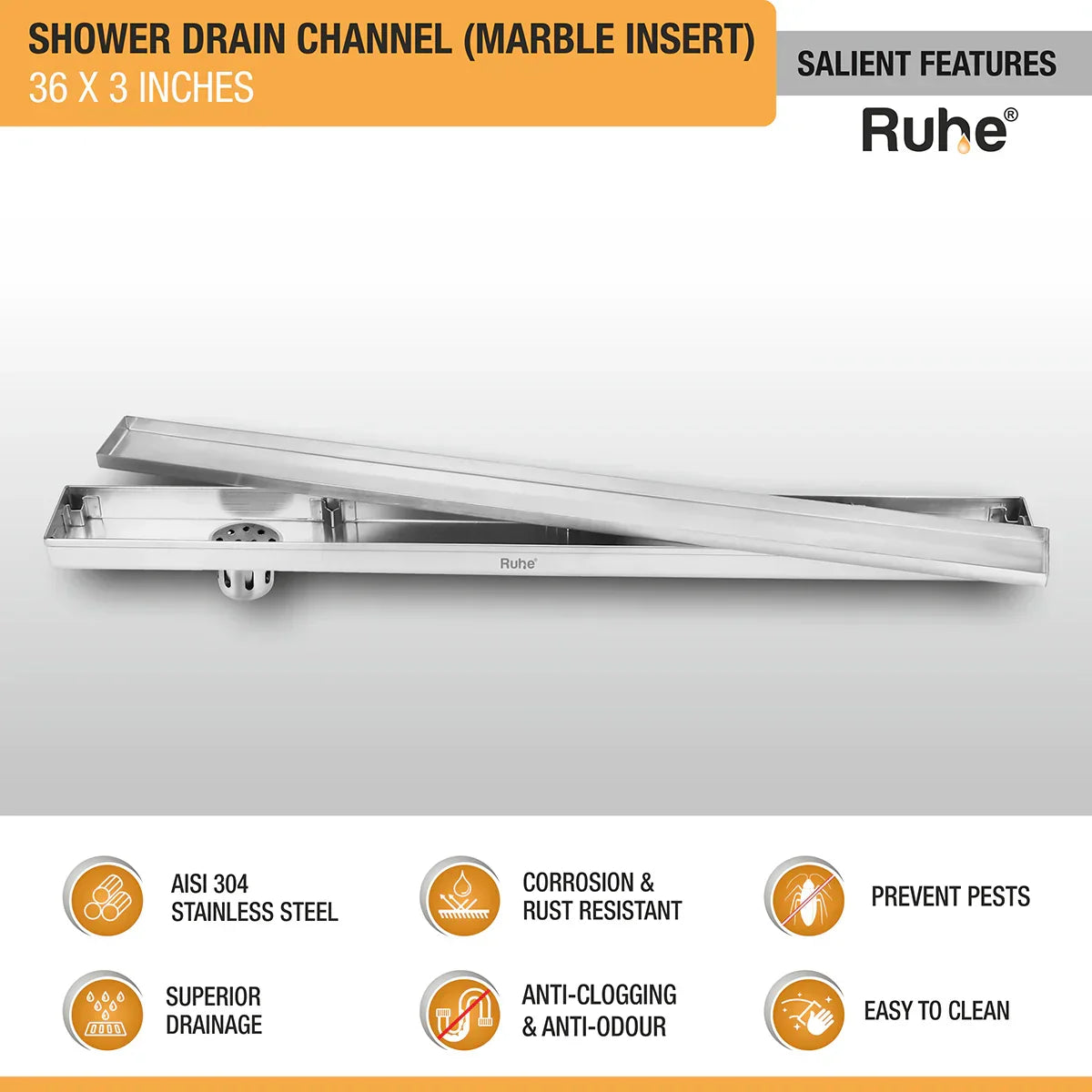 Marble-Insert Shower Drain Channel (3 Inches)