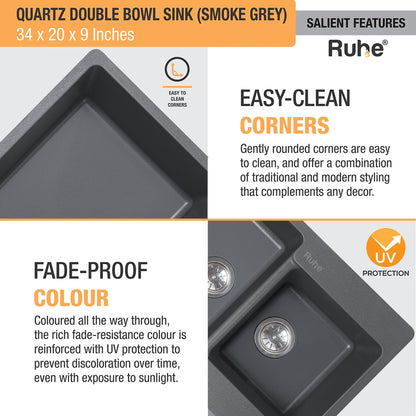 Quartz Double Bowl Kitchen Sink (34 x 20 x 9 inches)