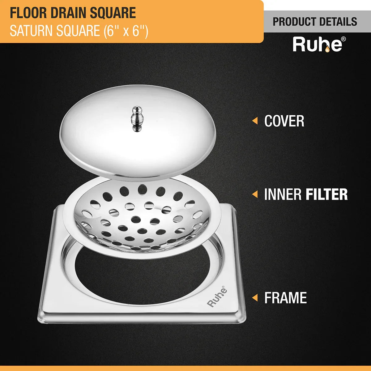 Saturn Square Floor Drain (6 x 6 Inches) with Lid product details
