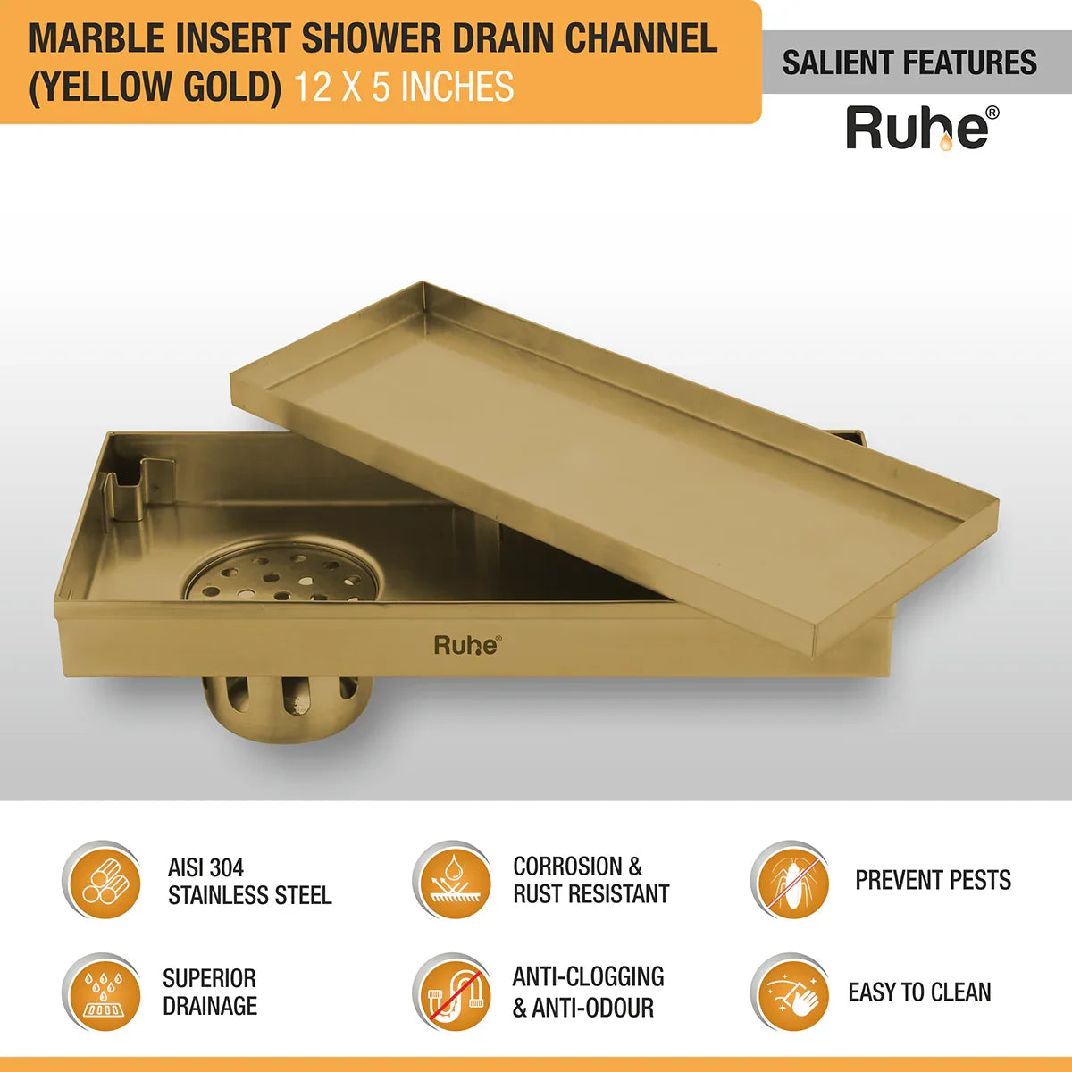 Marble-Insert Shower Drain Channel 5 inches