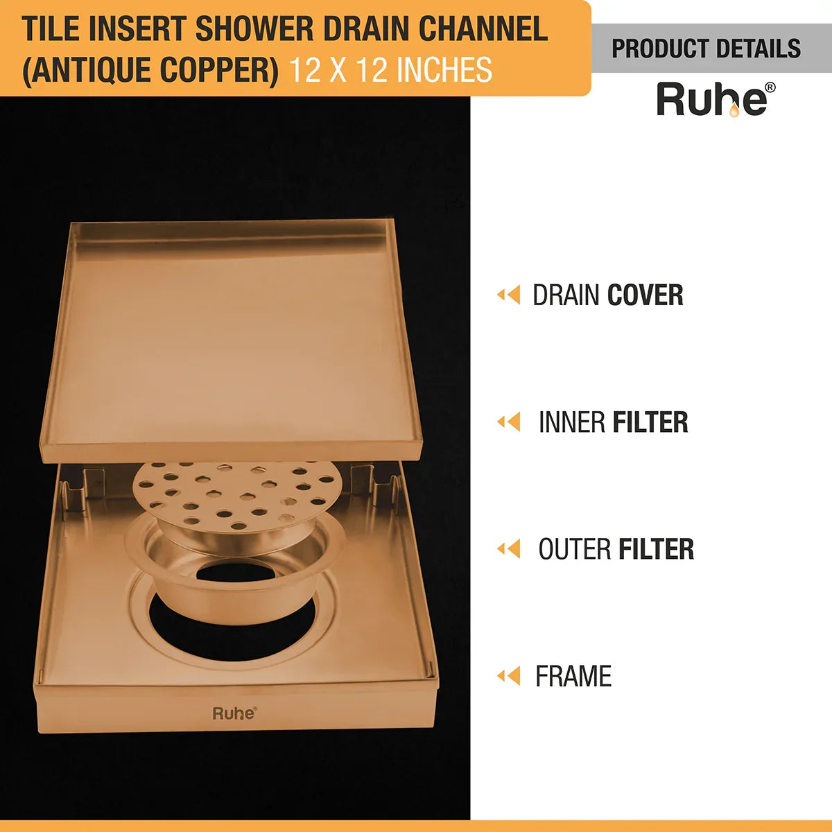Tile-Insert Shower Drain Channel (12 x 12 Inches)