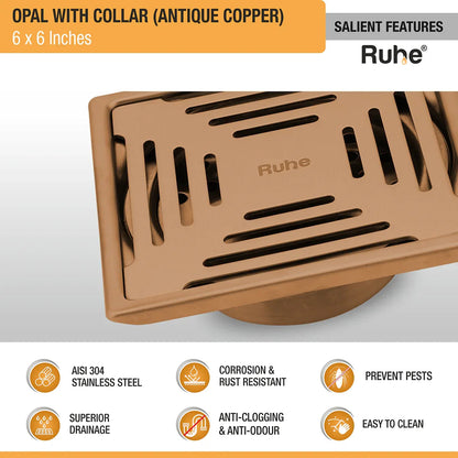 Opal Square Flat Cut Floor Drain in Antique Copper PVD Coating (6 x 6 Inches) - by Ruhe