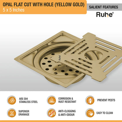 Opal Square Flat Cut Floor Drain in Yellow Gold PVD Coating (5 x 5 Inches) with Hole features