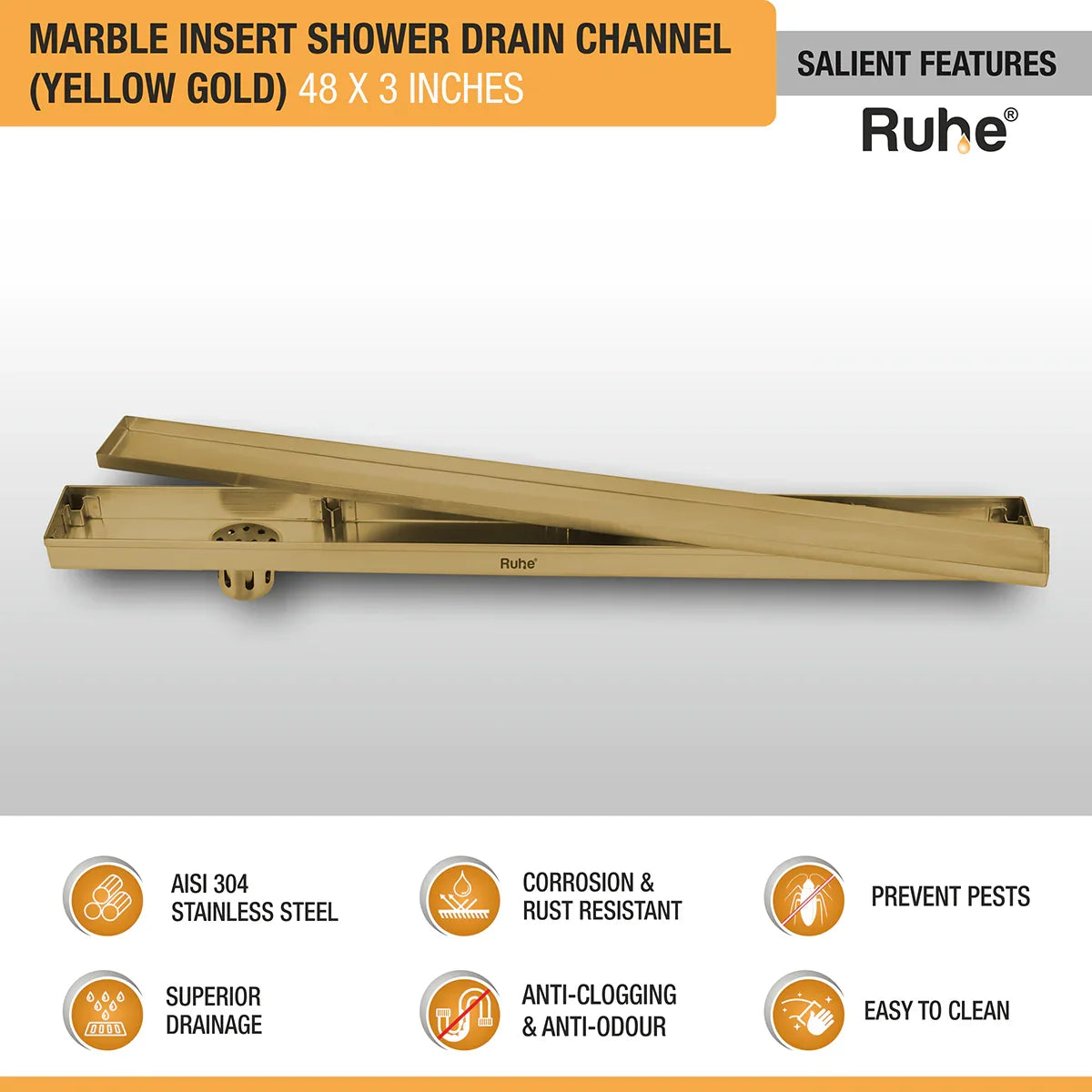 Marble-Insert Shower Drain Channel (3 Inches)