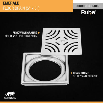 Emerald Square 304-Grade Floor Drain (5 x 5 Inches) - by Ruhe