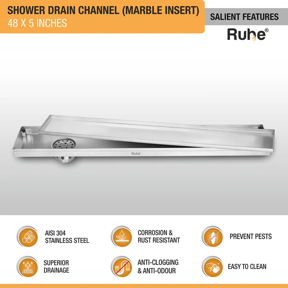 Marble-Insert Shower Drain Channel 5 inches