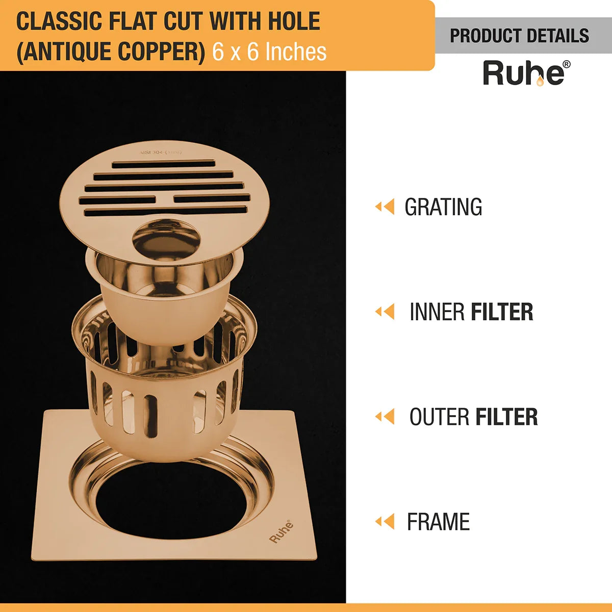 Classic Square Flat Cut Floor Drain in Antique Copper PVD Coating (6 x 6 Inches) with Hole with grating, inner filter, outer filter, frame