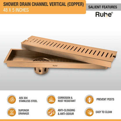 Vertical Shower Drain Channel (48 x 5 Inches) Antique Copper PVD Coated - by Ruhe