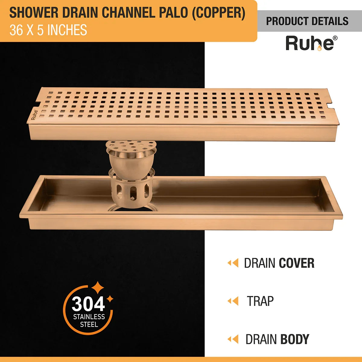 Palo Shower Drain Channel (36 x 5 Inches) Antique Copper PVD Coated - by Ruhe