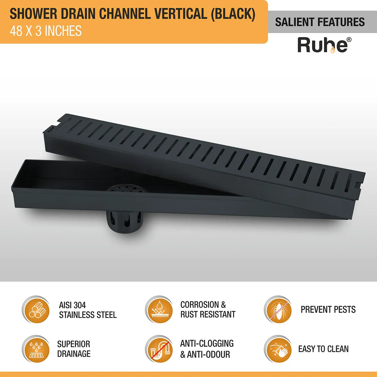 Vertical Shower Drain Channel (48 x 3 Inches) Black PVD Coated features and benefits