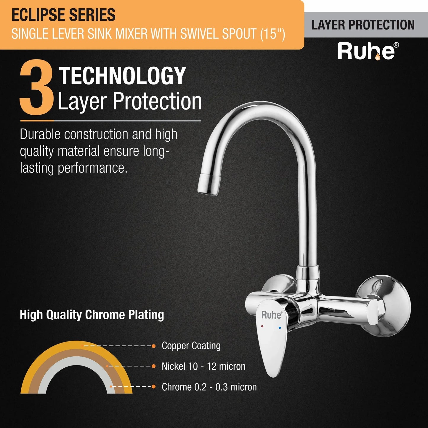 Eclipse Single Lever Wall-mount Kitchen Sink Mixer Tap with Medium Swivel Spout (15") - by Ruhe