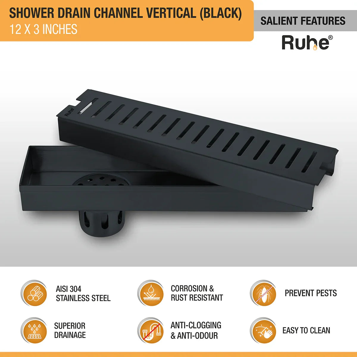 Vertical Shower Drain Channel (12 x 3 Inches) Black PVD Coated features and benefits