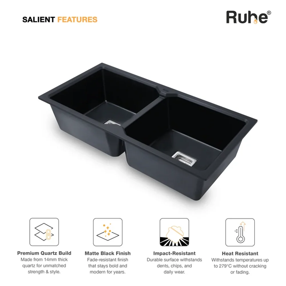 Quartz Double Bowl Black Kitchen Sink (37 x 18 x 9 Inches)