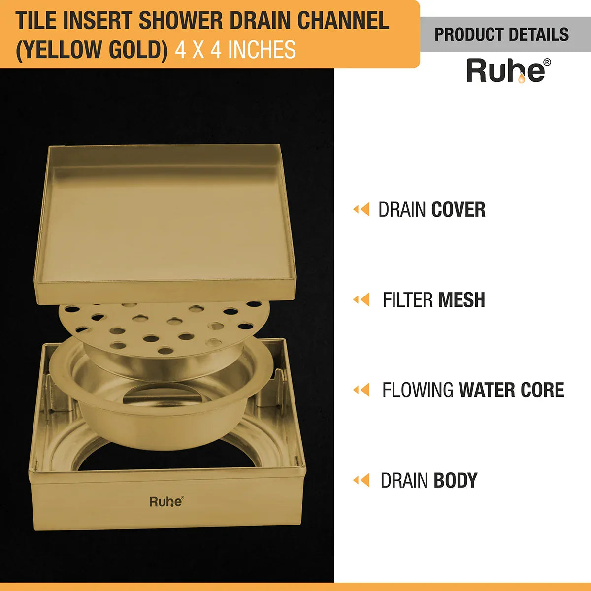 Tile-Insert Shower Drain Channel (4 x 4 Inches)