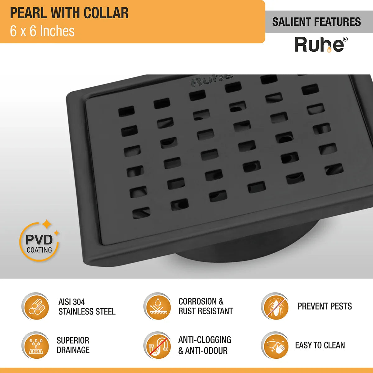 Pearl Square 304-Grade Floor Drain in Black PVD Coating (6 x 6 Inches) features and benefits