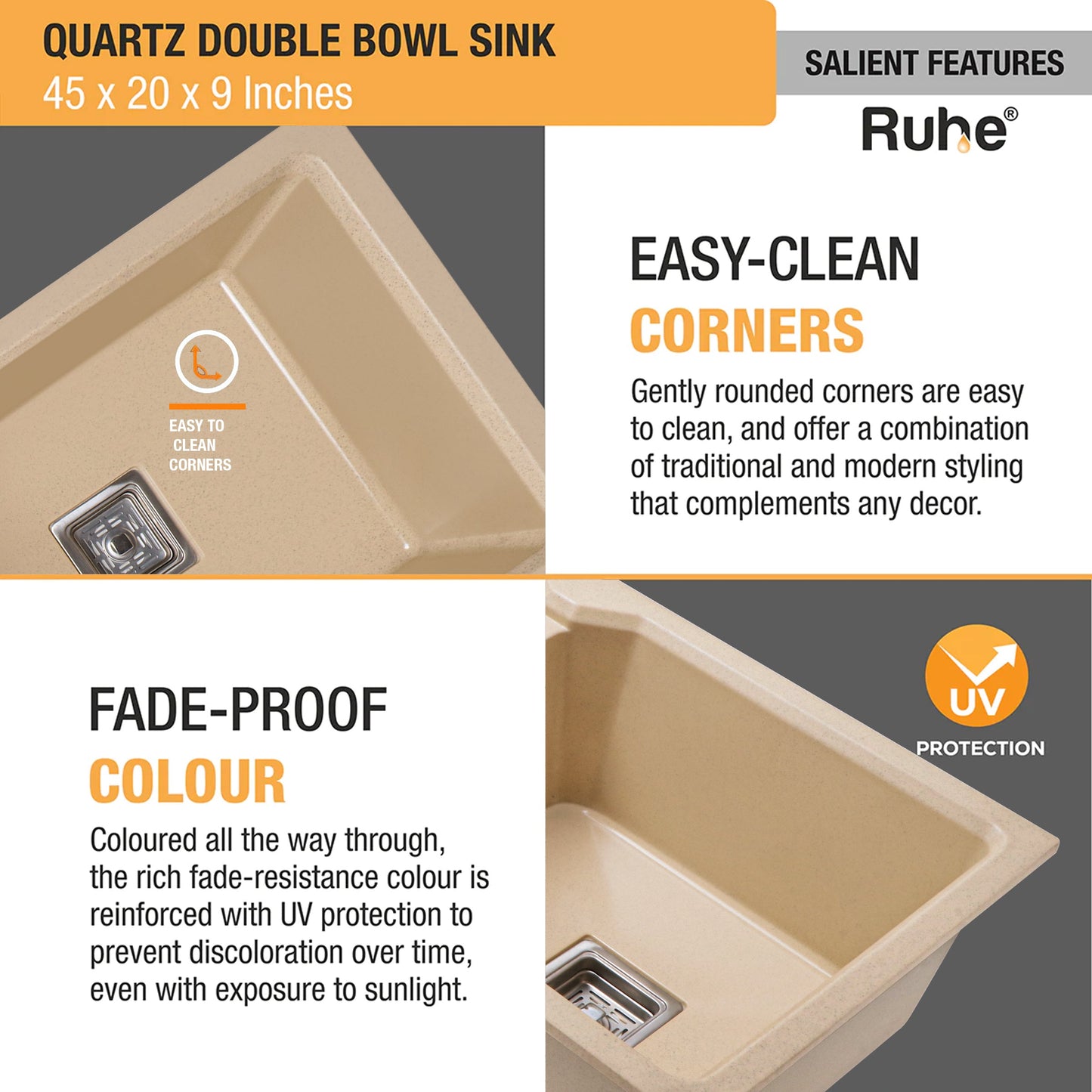 Quartz Double Bowl Kitchen Sink (45 x 20 x 9 inches)