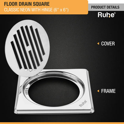 Classic Neon Floor Drain (6 x 6 inches) with Hinged Grating Top product details