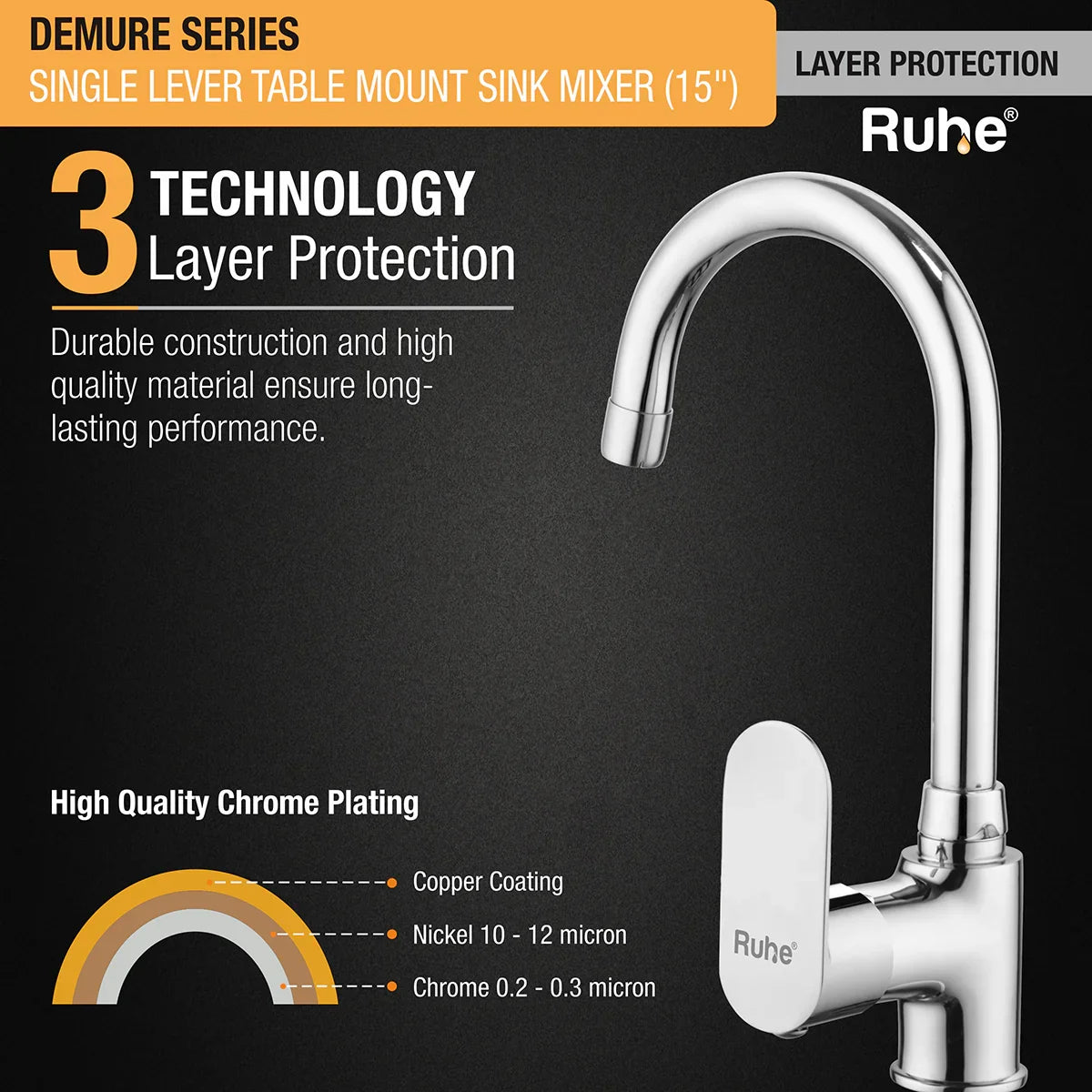 Demure Single Lever Table-Mount Sink Mixer Brass Faucet with Medium (15 Inches) Round Swivel Spout 3 layer protection