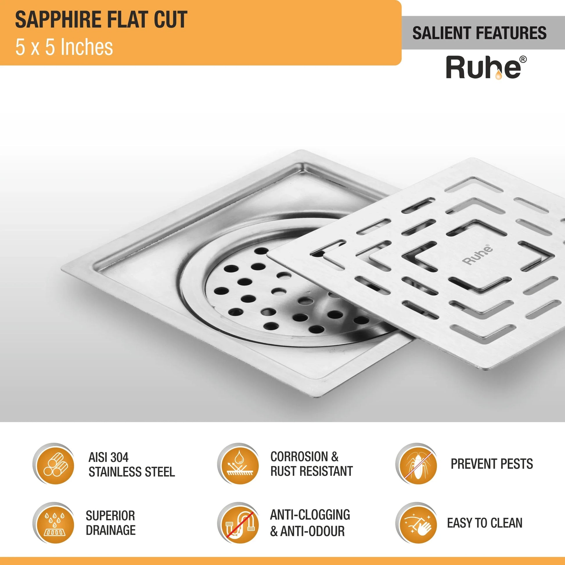 Sapphire Floor Drain Square Flat Cut (5 x 5 Inches) with Cockroach Trap (304 Grade) features