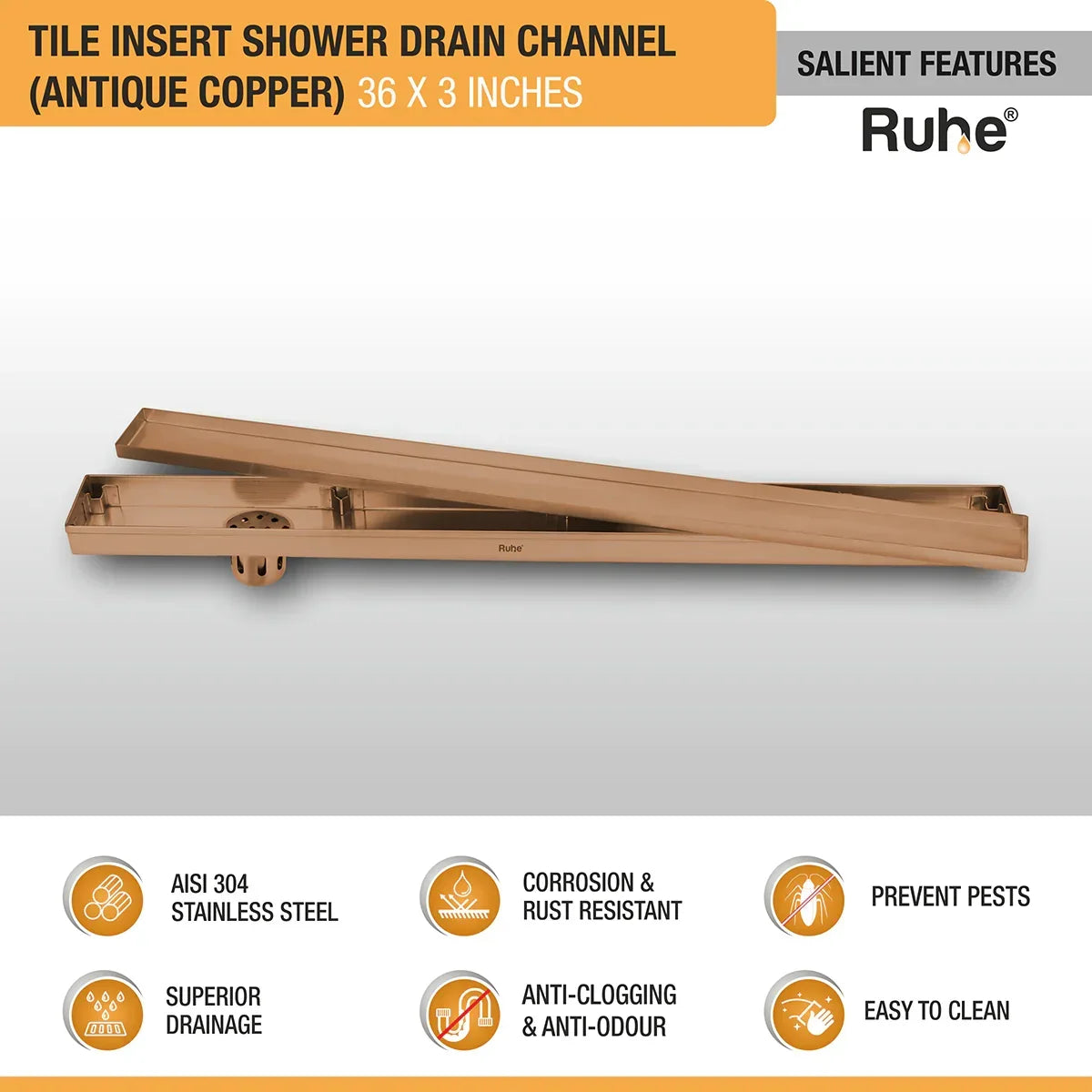 Palo Shower Drain Channel (48 x 5 Inches) Antique Copper PVD Coated - by Ruhe