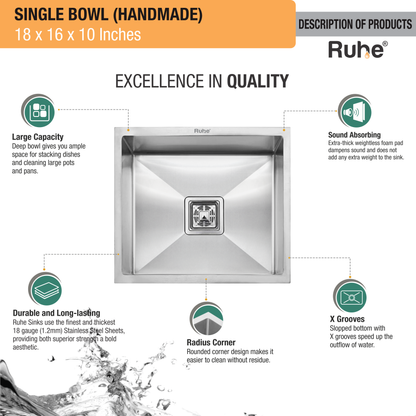 Handmade Single Bowl Kitchen Sink (18 x 16 x 10 Inches) Quality