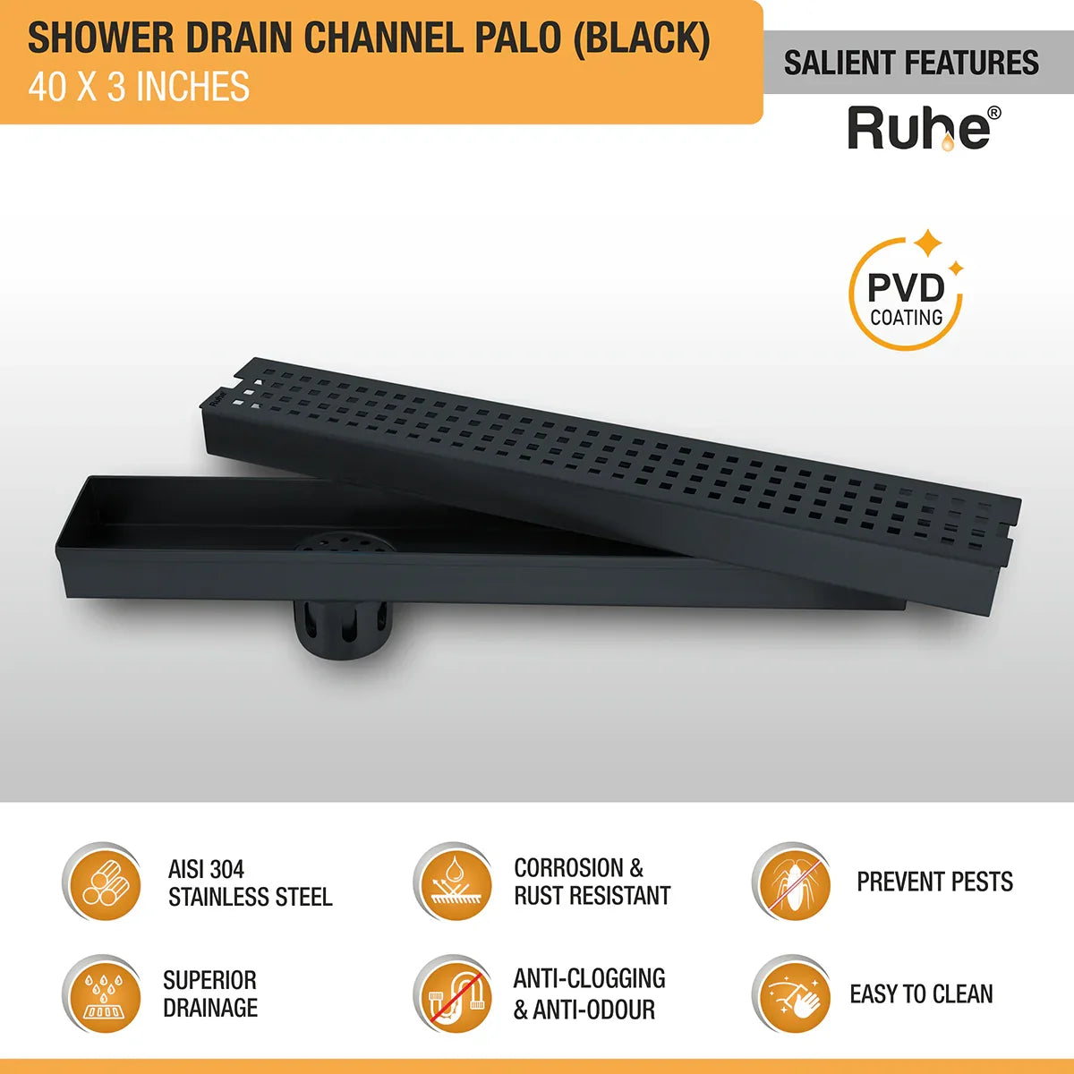 Palo Shower Drain Channel (40 x 3 Inches) Black PVD Coated features and benefits