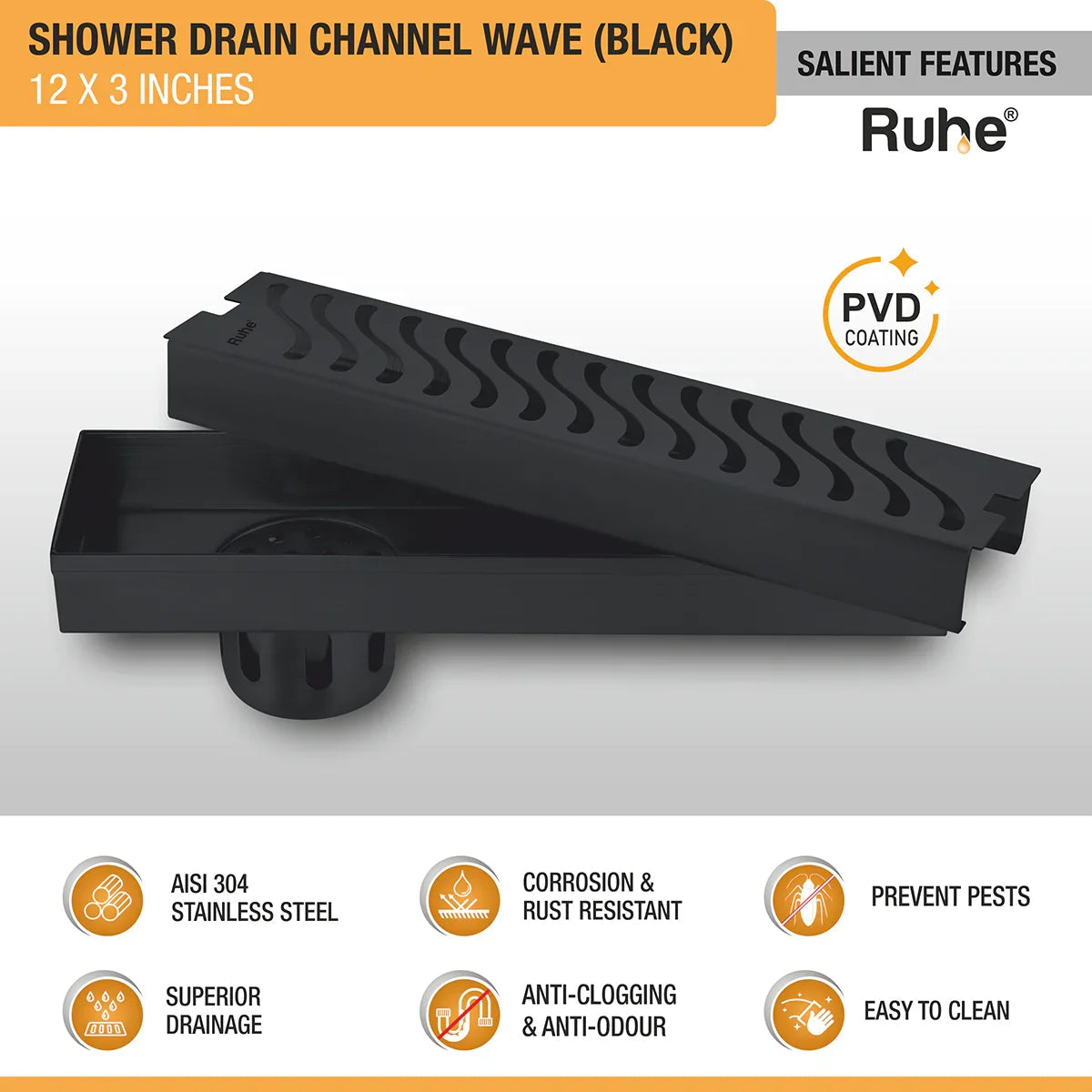 Wave Shower Drain Channel (12 x 3 Inches) Black PVD Coated features and benefits