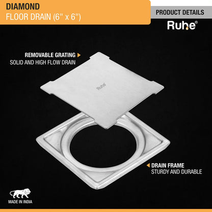 Diamond Square 304-Grade Floor Drain (6 x 6 Inches) - by Ruhe