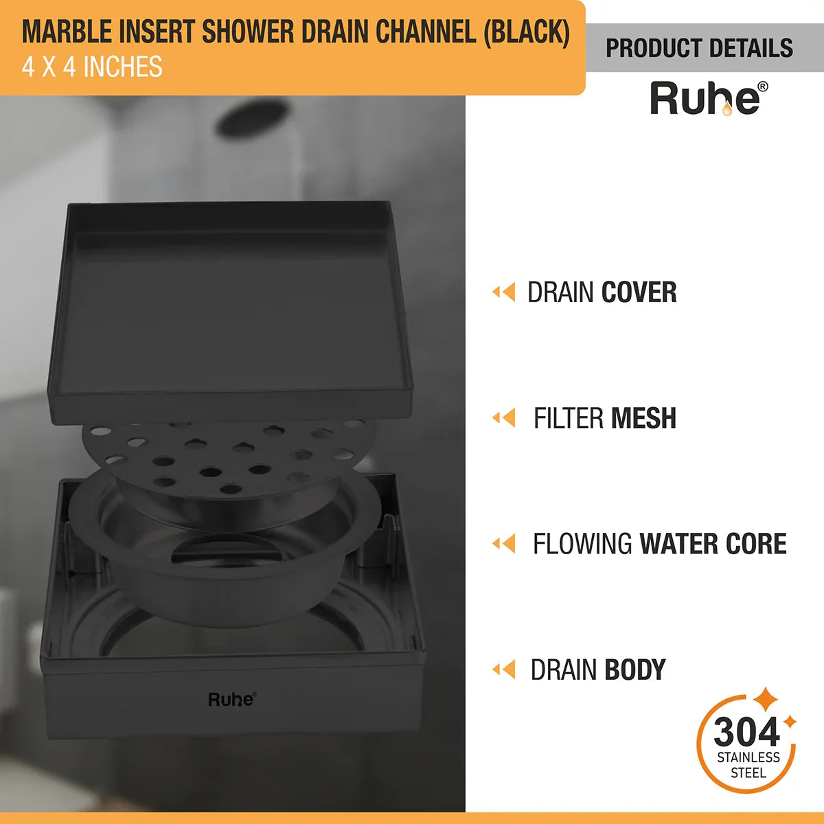 Marble-Insert Shower Drain Channel (4 x 4 Inches)