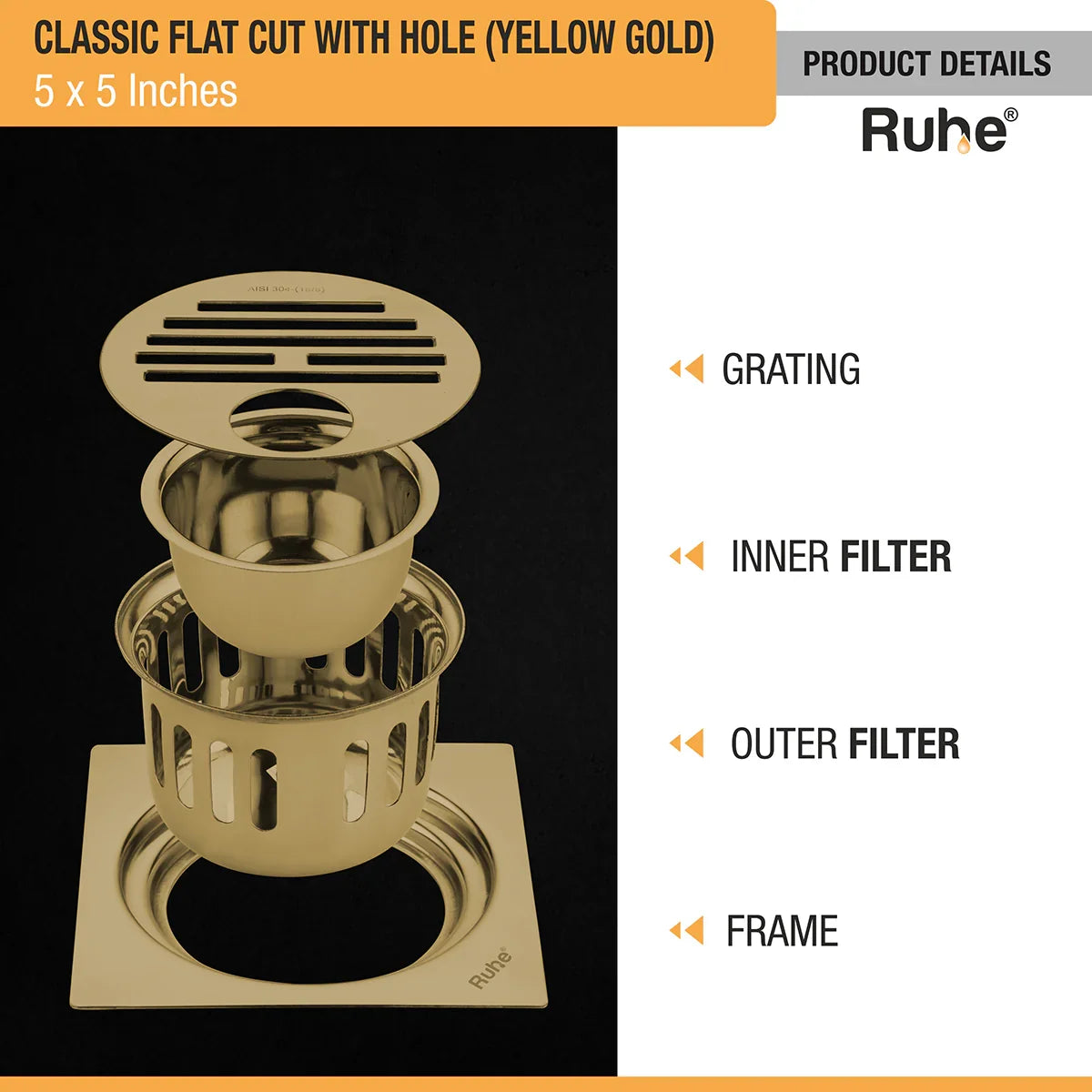 Classic Square Flat Cut Floor Drain in Yellow Gold PVD Coating (5 x 5 Inches) with Hole with grating, inner filter, outer filter, frame