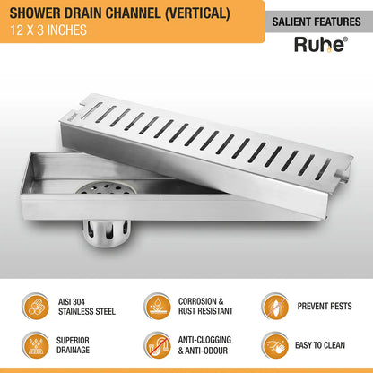 Vertical Shower Drain Channel (12 x 3 Inches) with Cockroach Trap (304 Grade) features